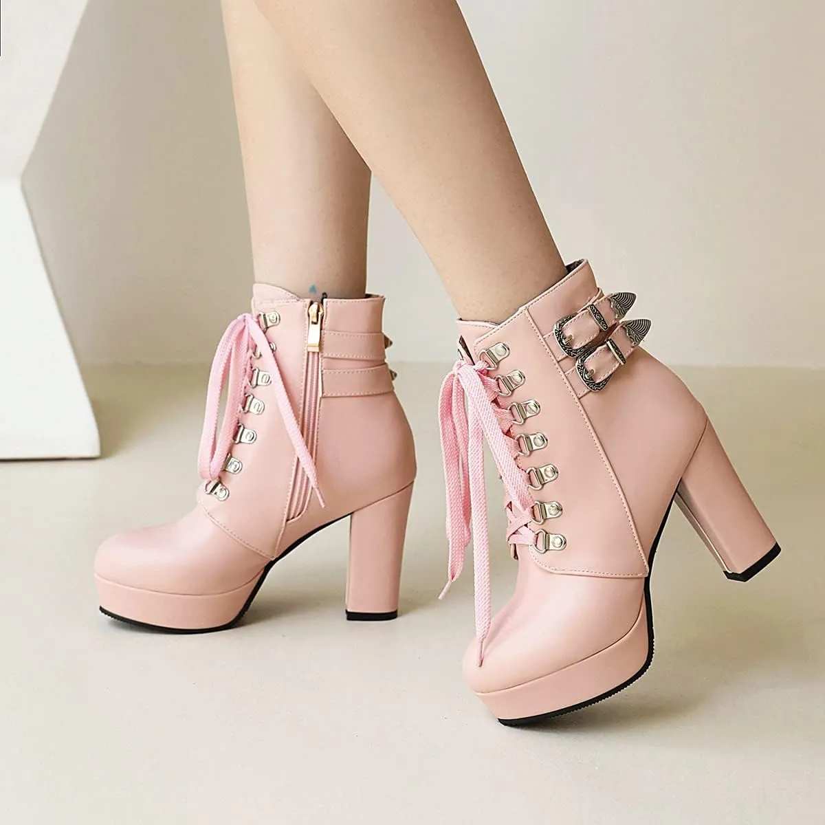 UniqueStride Women's Chunky Heel Ankle Boots Platform High Heel Platform Boots Buckle Lace Up Autumn Winter Booties