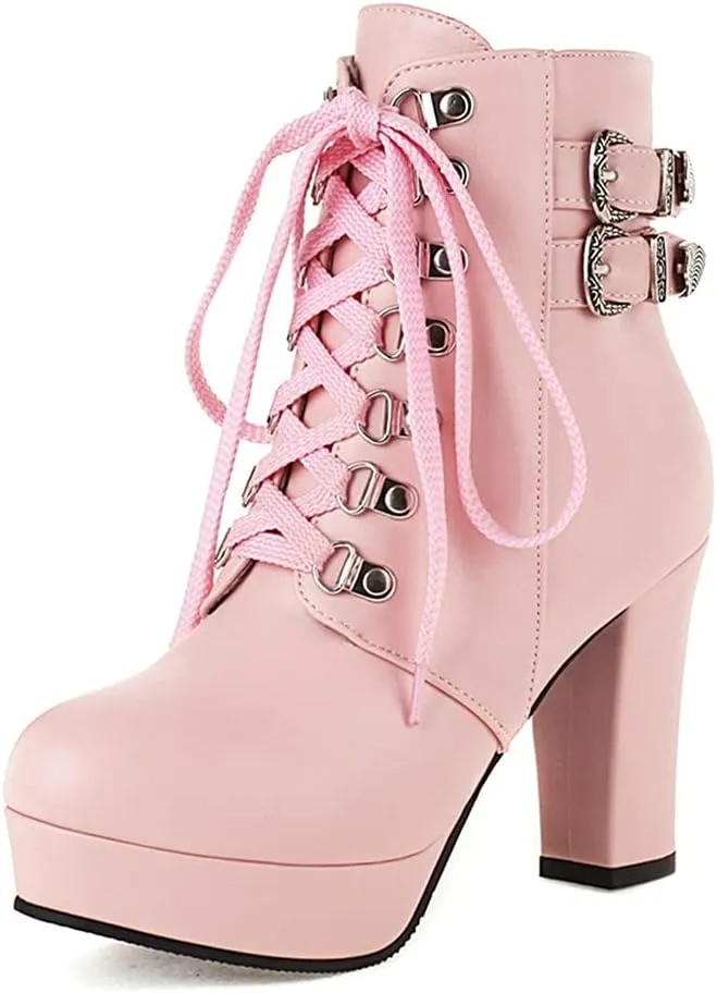 UniqueStride Women's Chunky Heel Ankle Boots Platform High Heel Platform Boots Buckle Lace Up Autumn Winter Booties