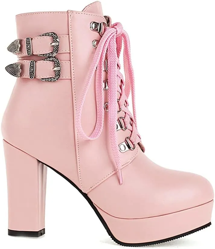 UniqueStride Women's Chunky Heel Ankle Boots Platform High Heel Platform Boots Buckle Lace Up Autumn Winter Booties