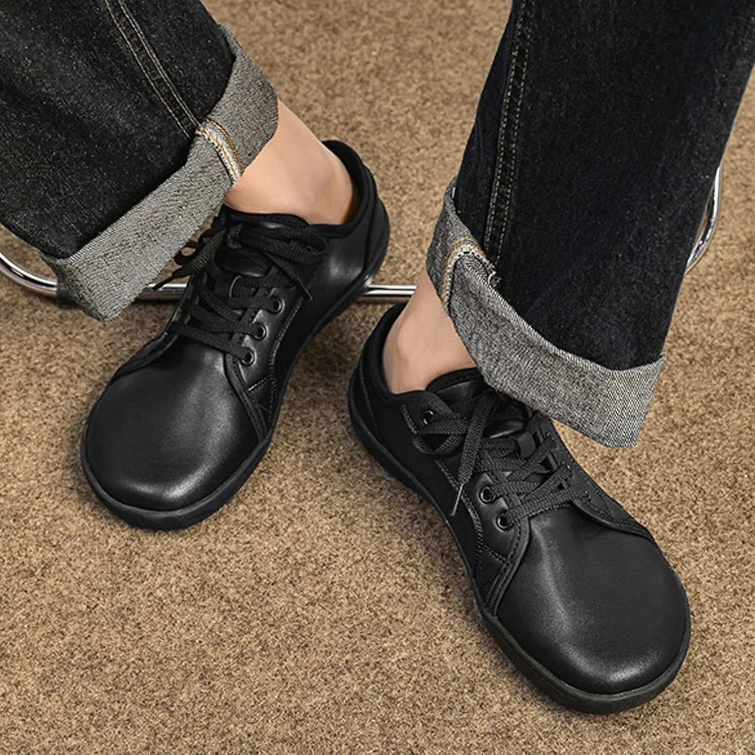 Unisex Leather Fashion Commute Wide Toe Box Barefoot Shoes Comfortable Breathable Non-Slip Lace up Minimalist Zero Drop Casual Sneakers for Walking Outdoor Driving Work