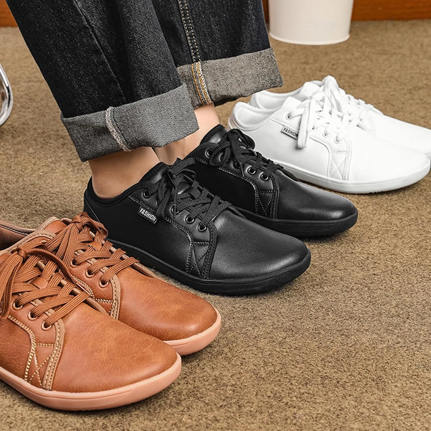 Unisex Leather Fashion Commute Wide Toe Box Barefoot Shoes Comfortable Breathable Non-Slip Lace up Minimalist Zero Drop Casual Sneakers for Walking Outdoor Driving Work