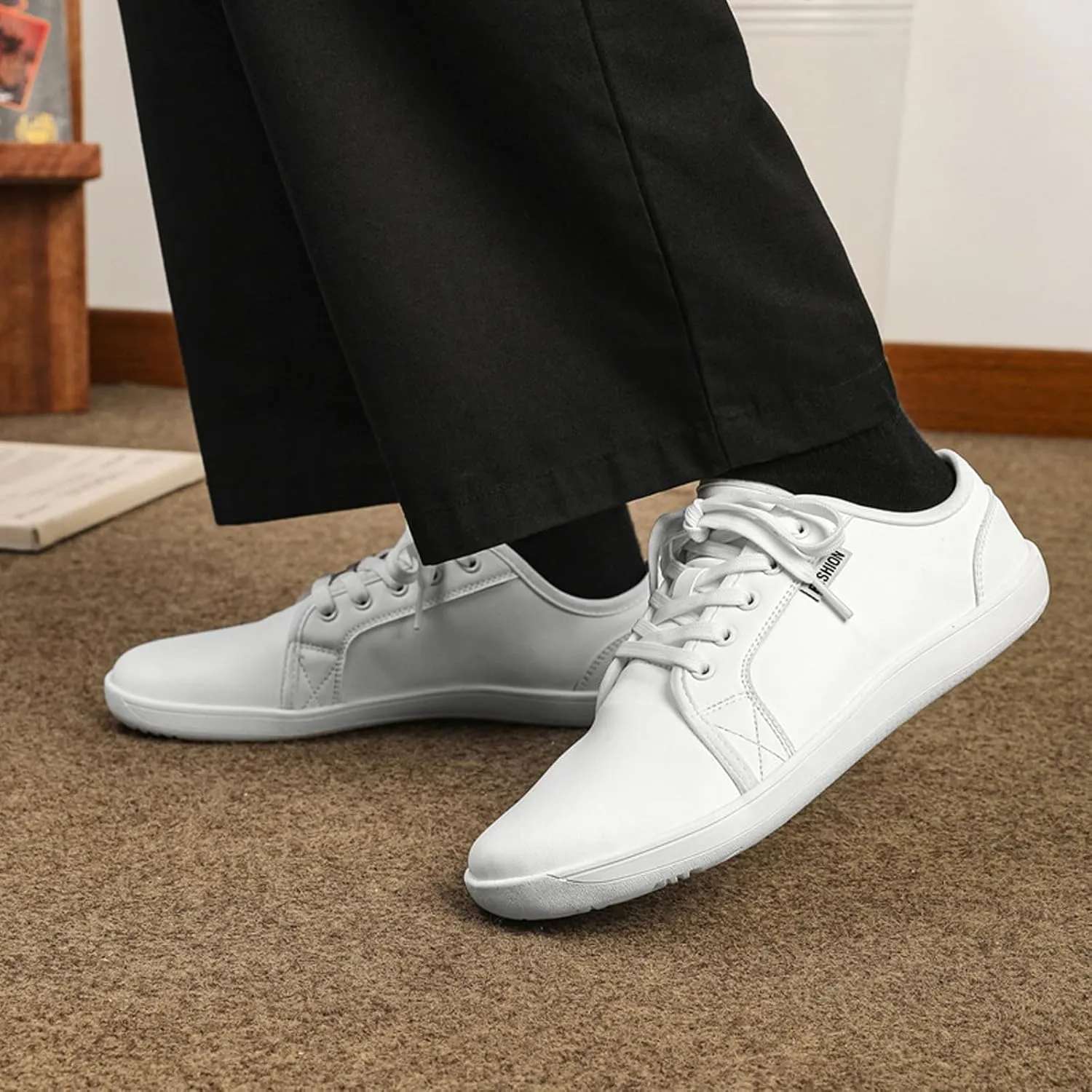 Unisex Leather Fashion Commute Wide Toe Box Barefoot Shoes Comfortable Breathable Non-Slip Lace up Minimalist Zero Drop Casual Sneakers for Walking Outdoor Driving Work
