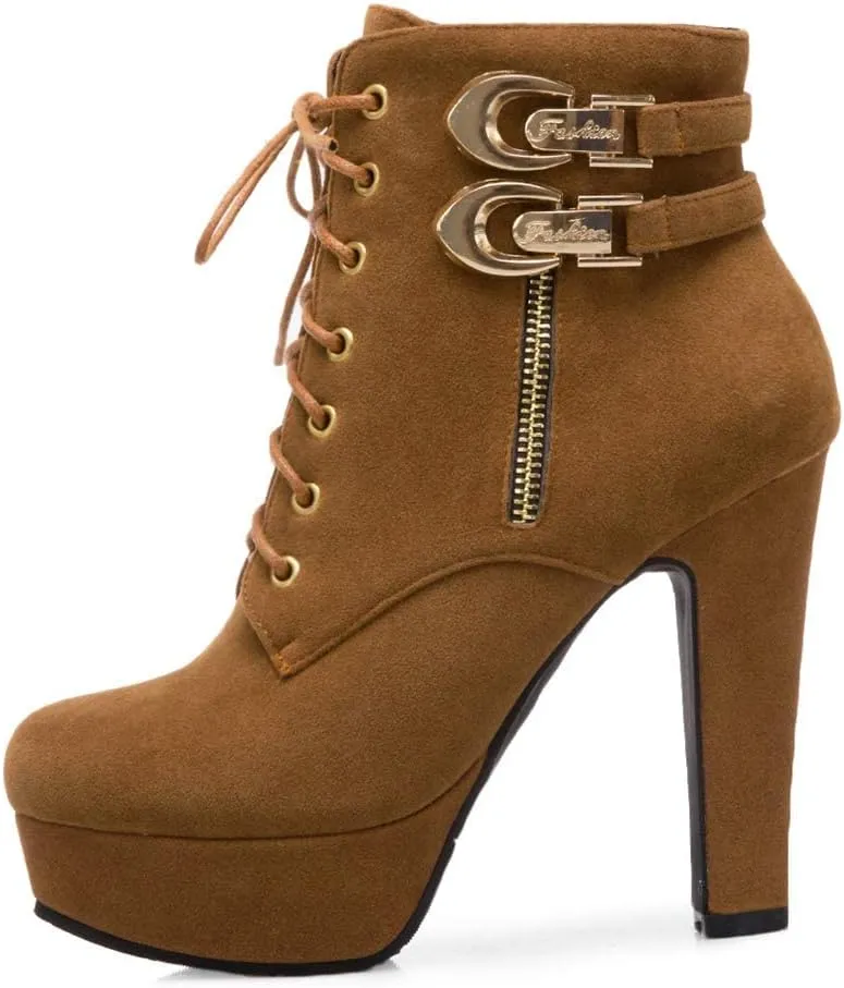 UOQAPRE Womens Ankle High Heel Boots Platform Wedges Chunky High Heels for Women Lace Up Ankle Booties Winter Shoes