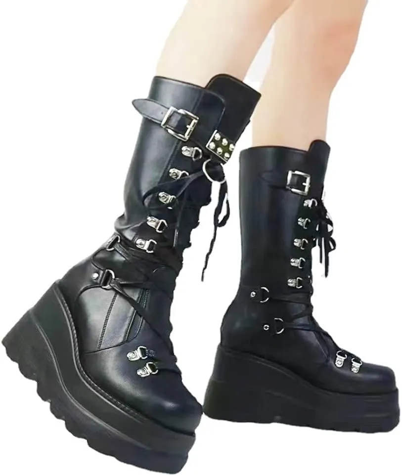 UOQAPRE Womens High Platform Mid Calf Wedges Chunky Booties Heel Round-Toe Side Zip Winter Punk Combat Boots For Women
