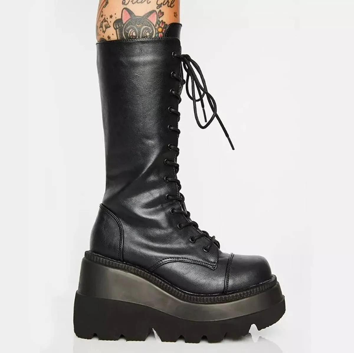 UOQAPRE Womens High Platform Mid Calf Wedges Chunky Booties Heel Round-Toe Side Zip Winter Punk Combat Boots For Women