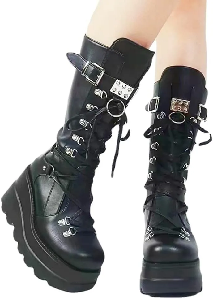 UOQAPRE Womens High Platform Mid Calf Wedges Chunky Booties Heel Round-Toe Side Zip Winter Punk Combat Boots For Women