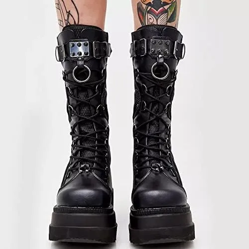 UOQAPRE Womens High Platform Mid Calf Wedges Chunky Booties Heel Round-Toe Side Zip Winter Punk Combat Boots For Women