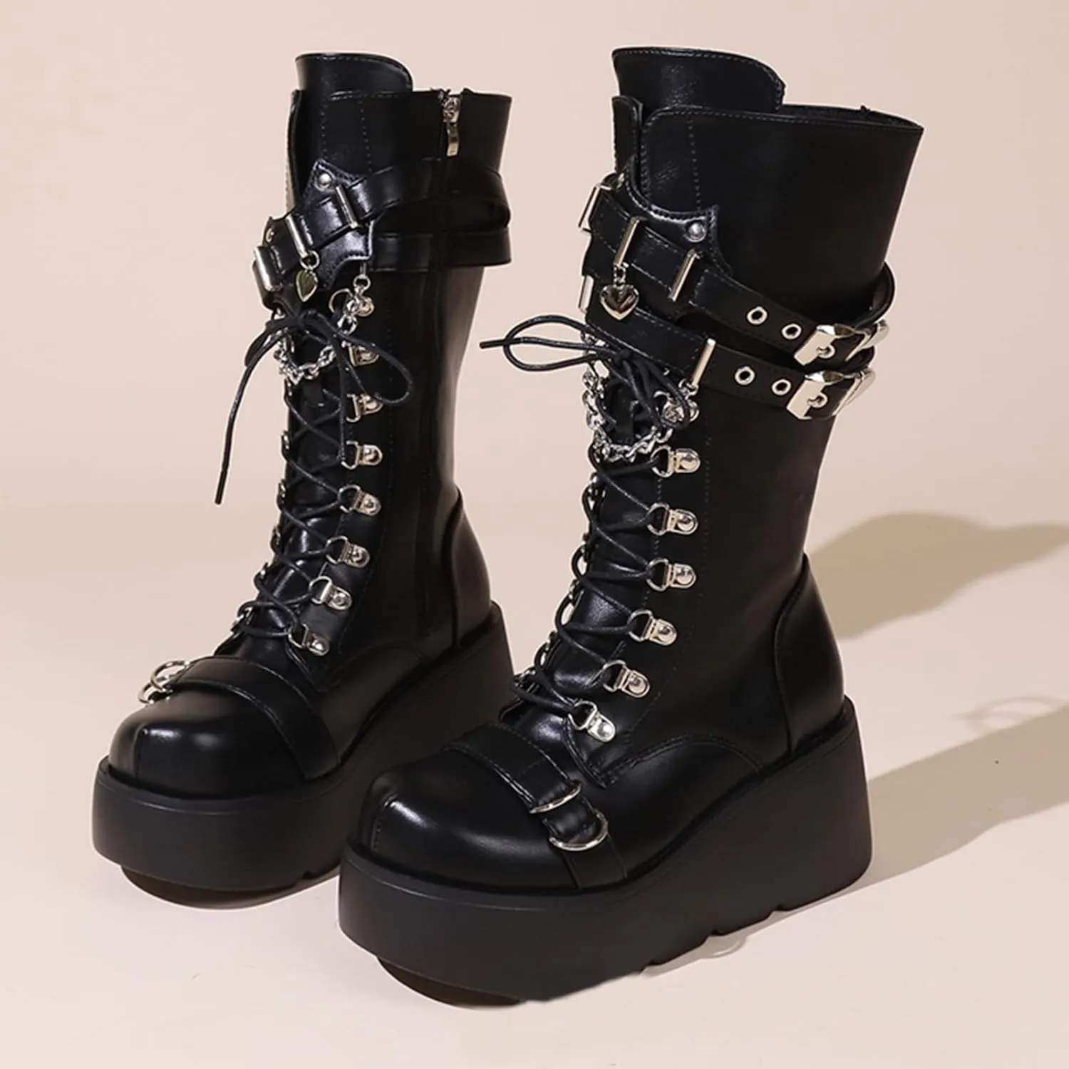 UOQAPRE Womens High Platform Mid Calf Wedges Chunky Booties Heel Round-Toe Side Zip Winter Punk Combat Boots For Women