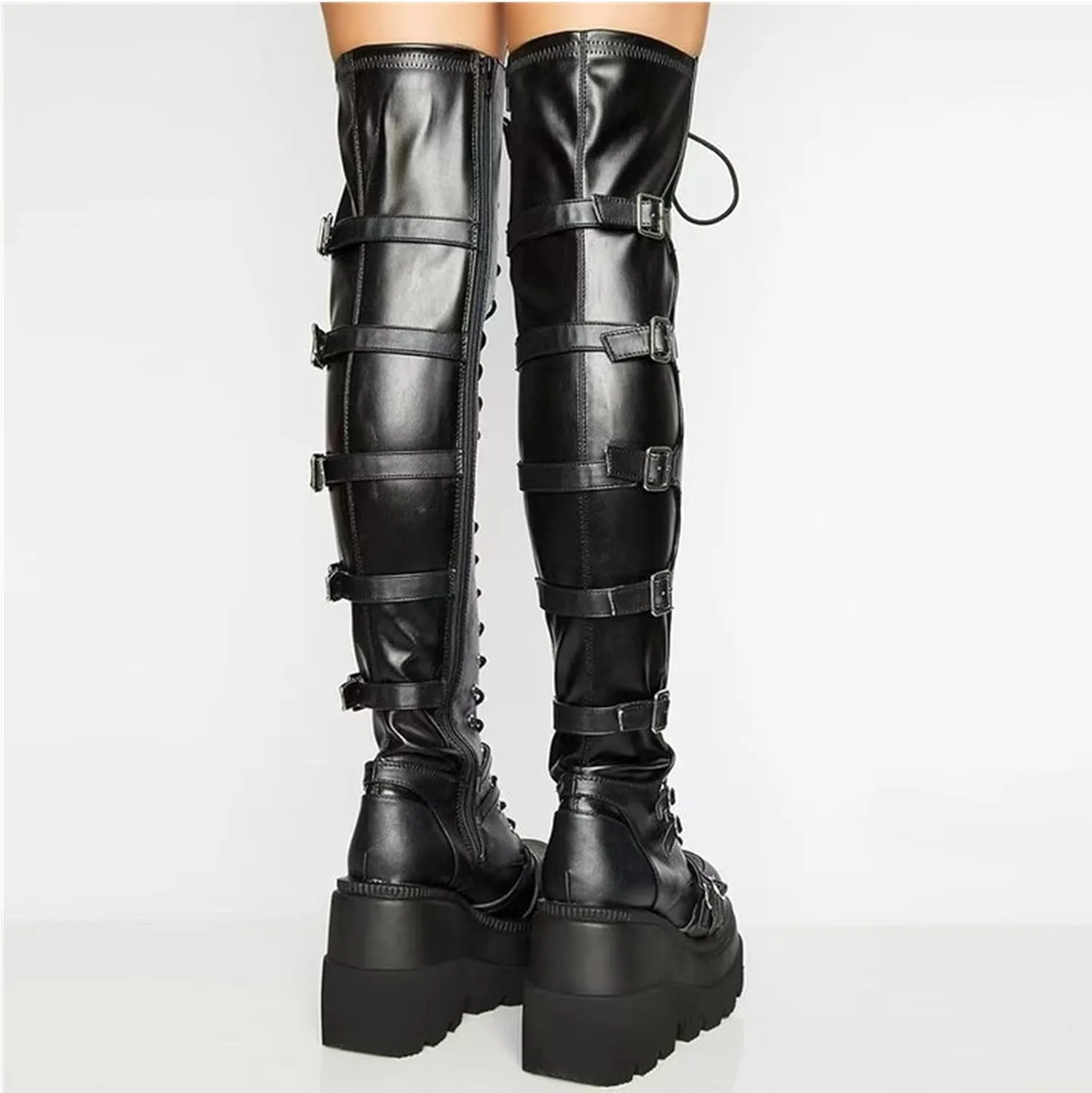 UOQAPRE Womens High Platform Mid Calf Wedges Chunky Booties Heel Round-Toe Side Zip Winter Punk Combat Boots For Women