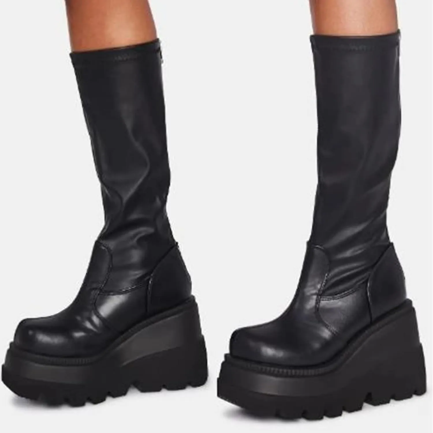 UOQAPRE Womens High Platform Mid Calf Wedges Chunky Booties Heel Round-Toe Side Zip Winter Punk Combat Boots For Women