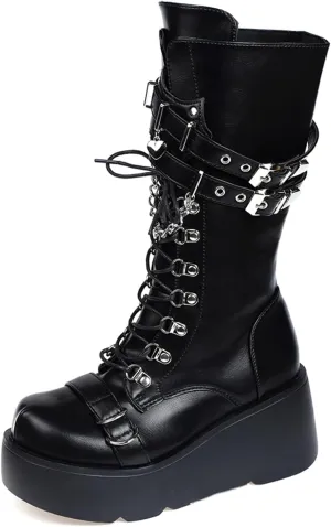 UOQAPRE Womens High Platform Mid Calf Wedges Chunky Booties Heel Round-Toe Side Zip Winter Punk Combat Boots For Women