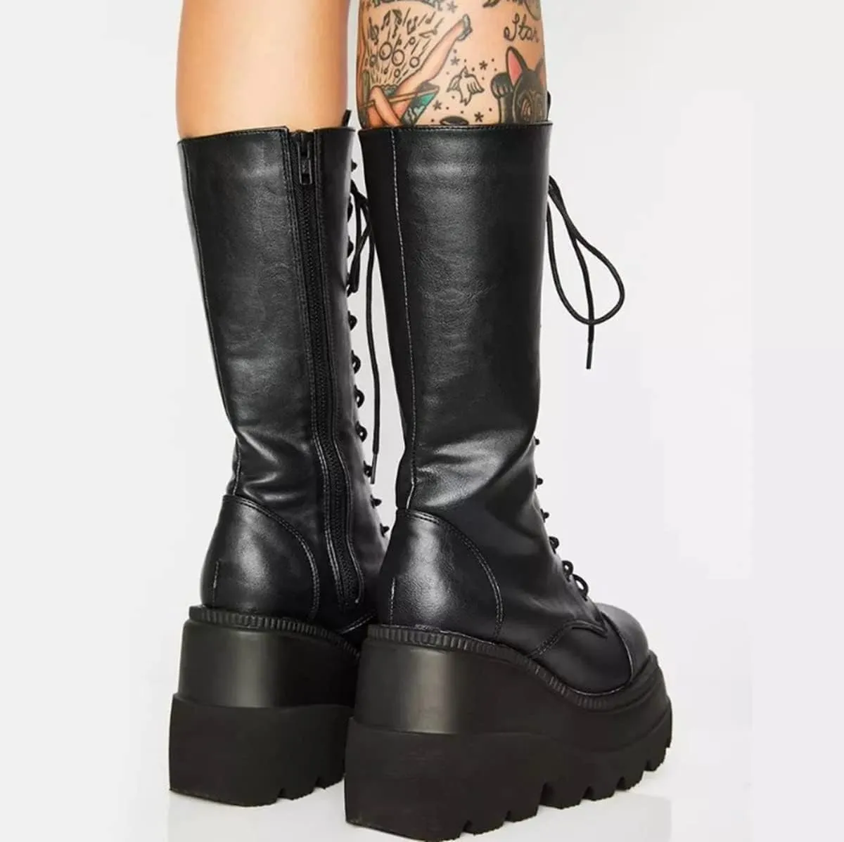 UOQAPRE Womens High Platform Mid Calf Wedges Chunky Booties Heel Round-Toe Side Zip Winter Punk Combat Boots For Women