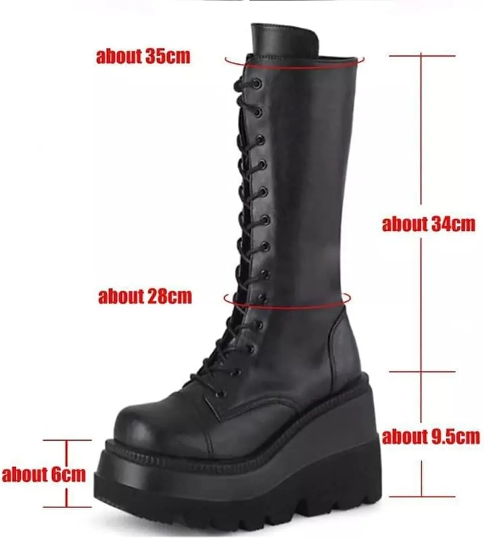 UOQAPRE Womens High Platform Mid Calf Wedges Chunky Booties Heel Round-Toe Side Zip Winter Punk Combat Boots For Women