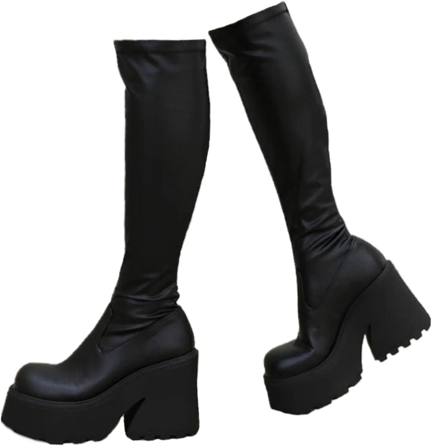 UOQAPRE Womens High Platform Mid Calf Wedges Chunky Booties Heel Round-Toe Side Zip Winter Punk Combat Boots For Women