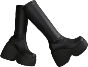 UOQAPRE Womens High Platform Mid Calf Wedges Chunky Booties Heel Round-Toe Side Zip Winter Punk Combat Boots For Women