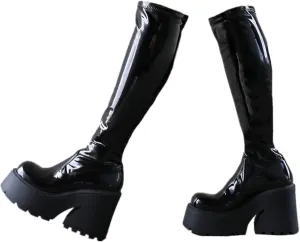 UOQAPRE Womens High Platform Mid Calf Wedges Chunky Booties Heel Round-Toe Side Zip Winter Punk Combat Boots For Women