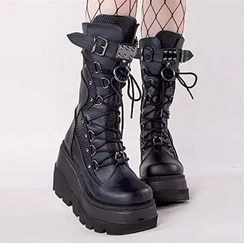UOQAPRE Womens High Platform Mid Calf Wedges Chunky Booties Heel Round-Toe Side Zip Winter Punk Combat Boots For Women