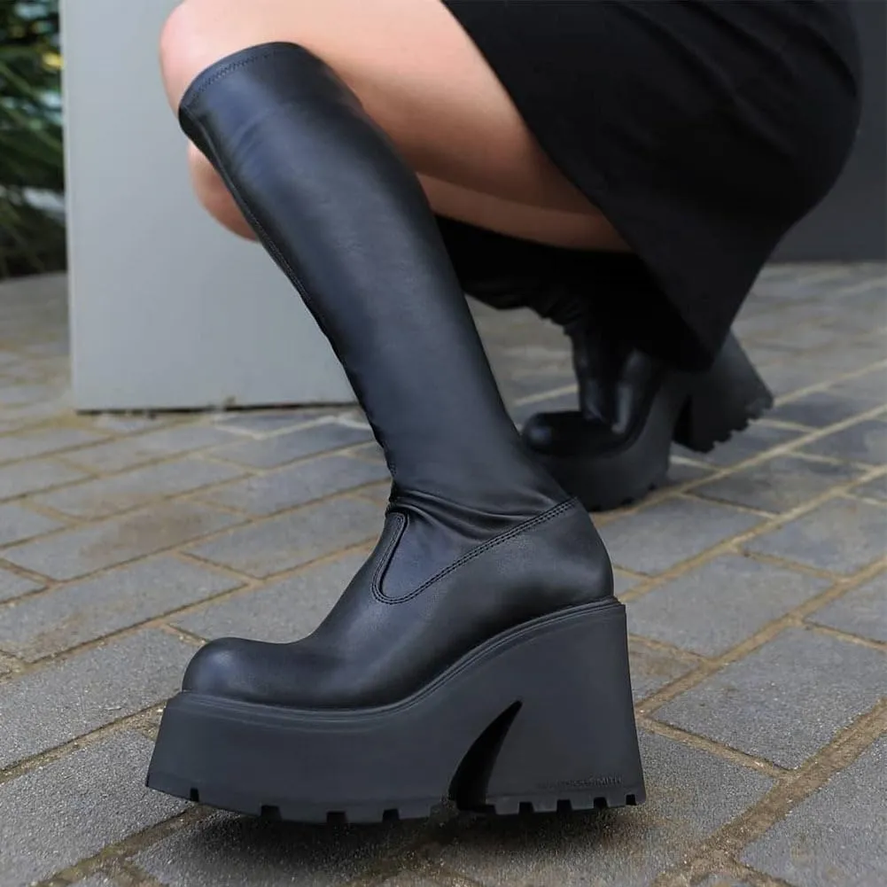 UOQAPRE Womens High Platform Mid Calf Wedges Chunky Booties Heel Round-Toe Side Zip Winter Punk Combat Boots For Women