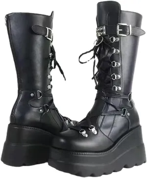 UOQAPRE Womens High Platform Mid Calf Wedges Chunky Booties Heel Round-Toe Side Zip Winter Punk Combat Boots For Women