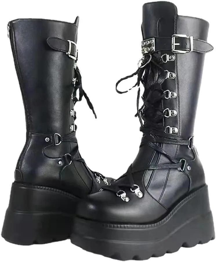 UOQAPRE Womens High Platform Mid Calf Wedges Chunky Booties Heel Round-Toe Side Zip Winter Punk Combat Boots For Women