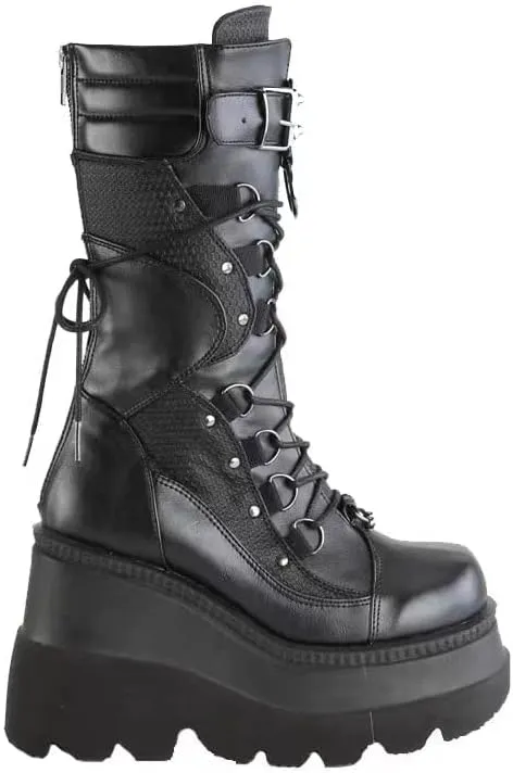UOQAPRE Womens High Platform Mid Calf Wedges Chunky Booties Heel Round-Toe Side Zip Winter Punk Combat Boots For Women