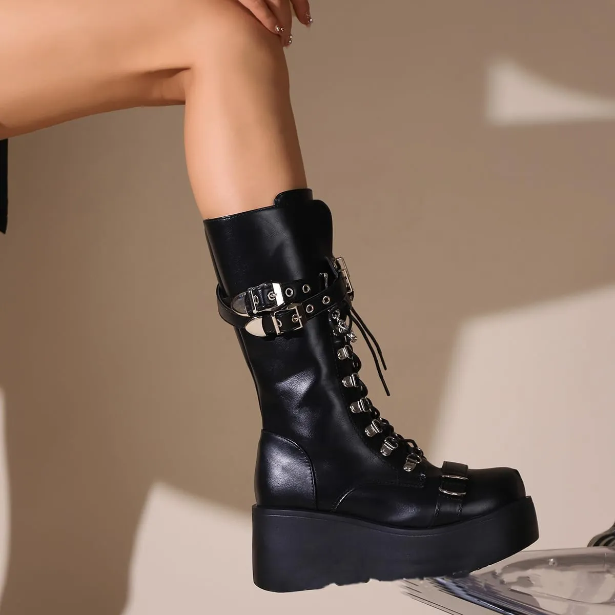 UOQAPRE Womens High Platform Mid Calf Wedges Chunky Booties Heel Round-Toe Side Zip Winter Punk Combat Boots For Women