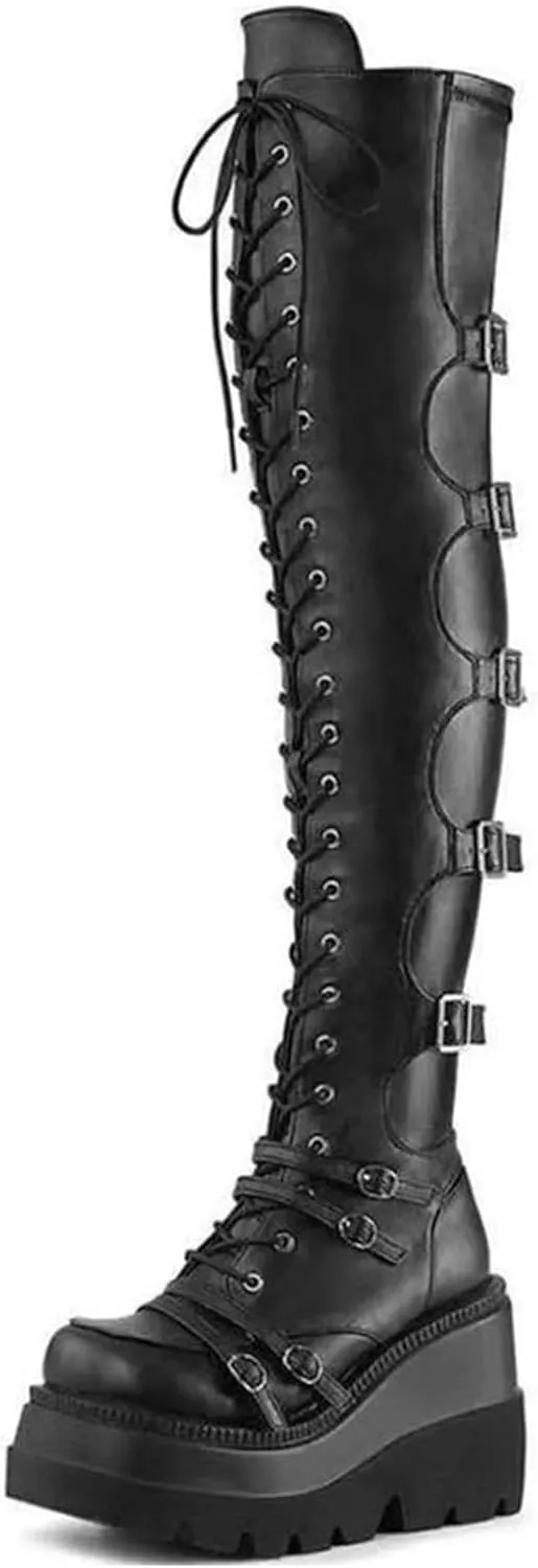 UOQAPRE Womens High Platform Mid Calf Wedges Chunky Booties Heel Round-Toe Side Zip Winter Punk Combat Boots For Women