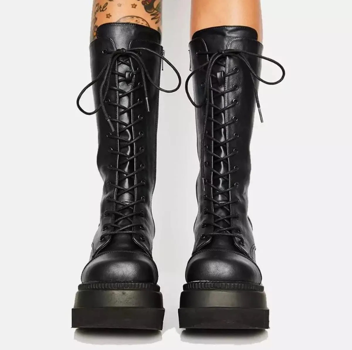 UOQAPRE Womens High Platform Mid Calf Wedges Chunky Booties Heel Round-Toe Side Zip Winter Punk Combat Boots For Women