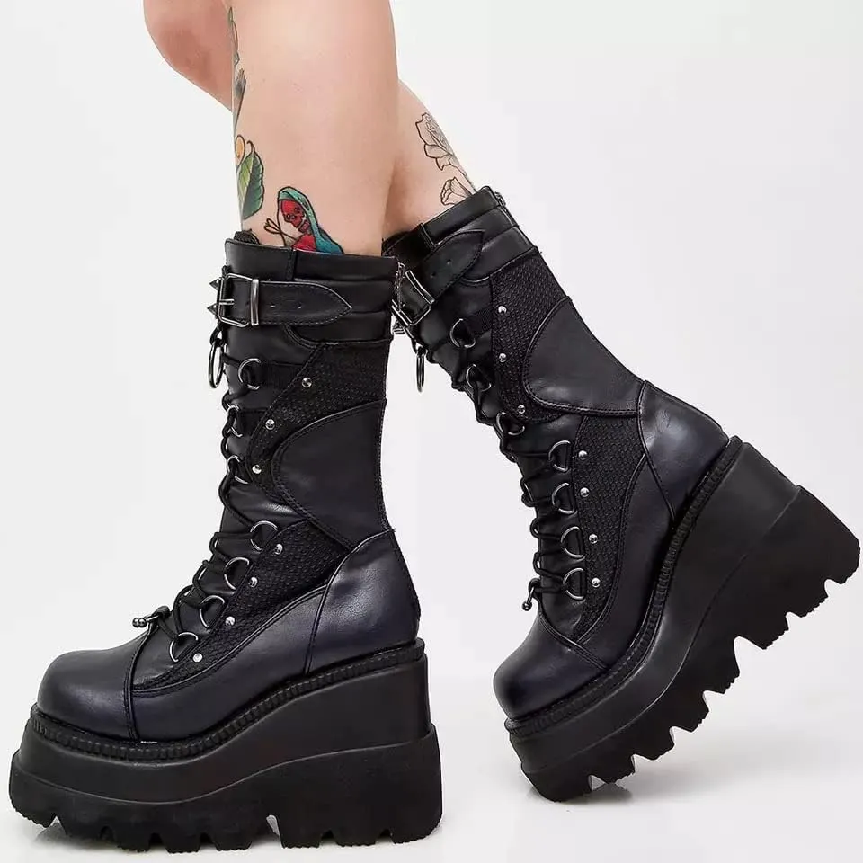 UOQAPRE Womens High Platform Mid Calf Wedges Chunky Booties Heel Round-Toe Side Zip Winter Punk Combat Boots For Women