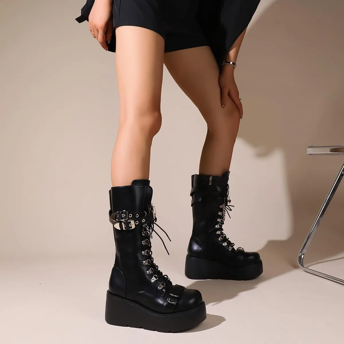 UOQAPRE Womens High Platform Mid Calf Wedges Chunky Booties Heel Round-Toe Side Zip Winter Punk Combat Boots For Women