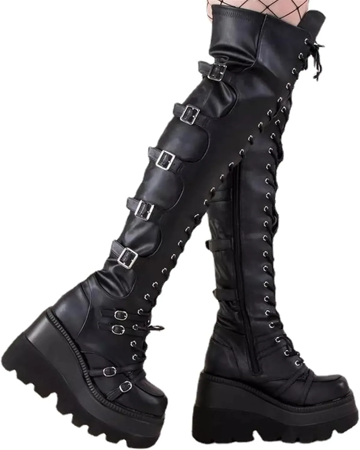 UOQAPRE Womens High Platform Mid Calf Wedges Chunky Booties Heel Round-Toe Side Zip Winter Punk Combat Boots For Women