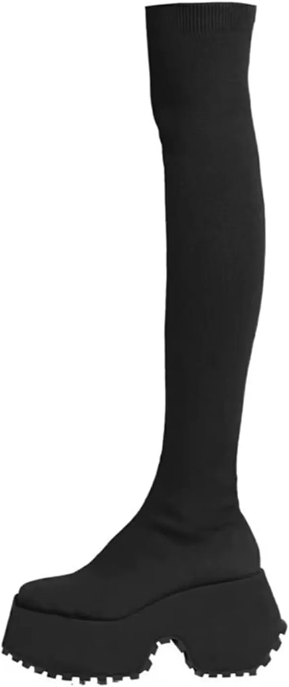 UOQAPRE Women's Over The Knee Thigh Low Chunky Heel Boots,Round-Toe Side Zip Long Boots Platform Chunky Heel Bootie for Women