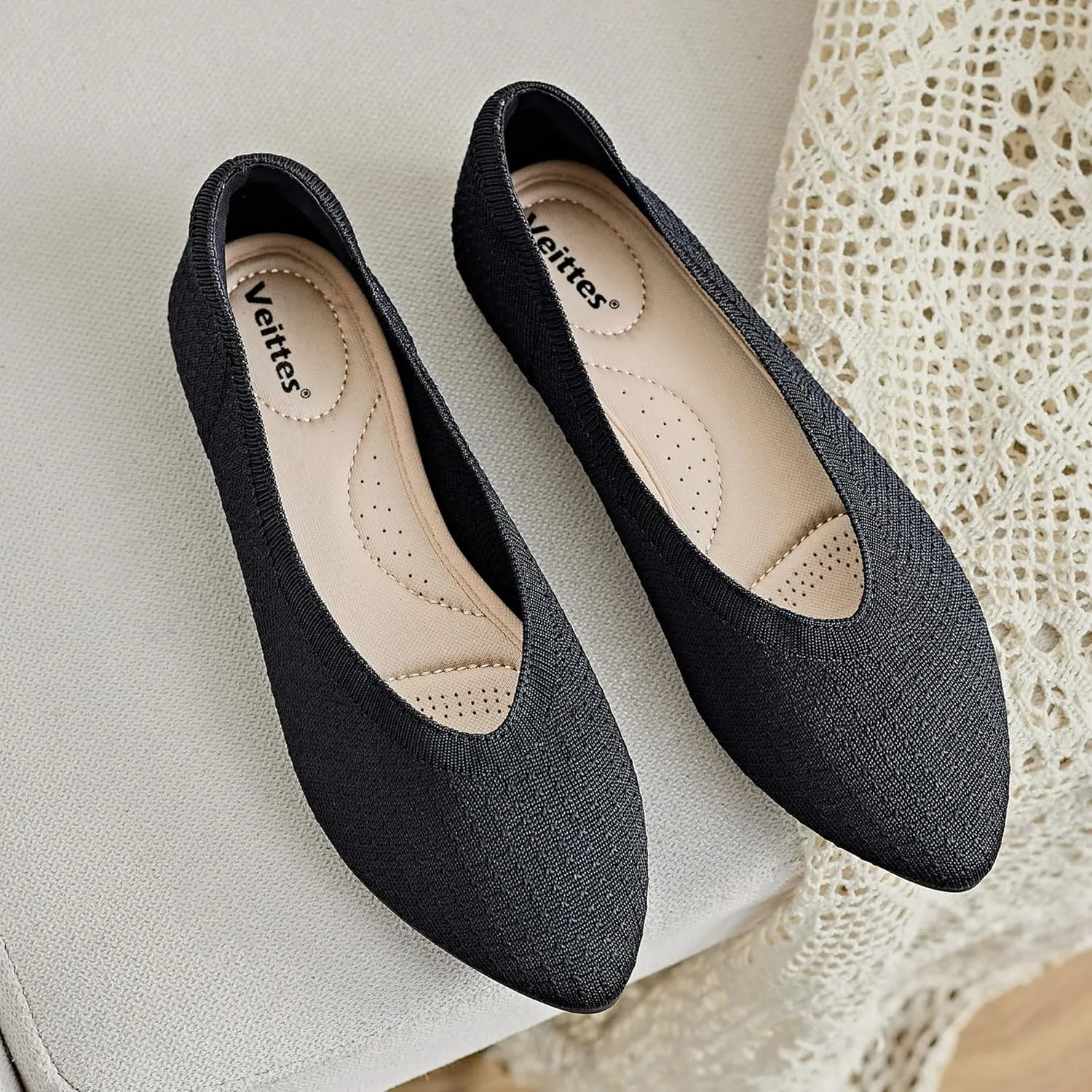 Veittes Women's Wide Width Flats Shoes, Comfortable Breathable Soft Ladies Slip on Knitted Ballet Shoes.