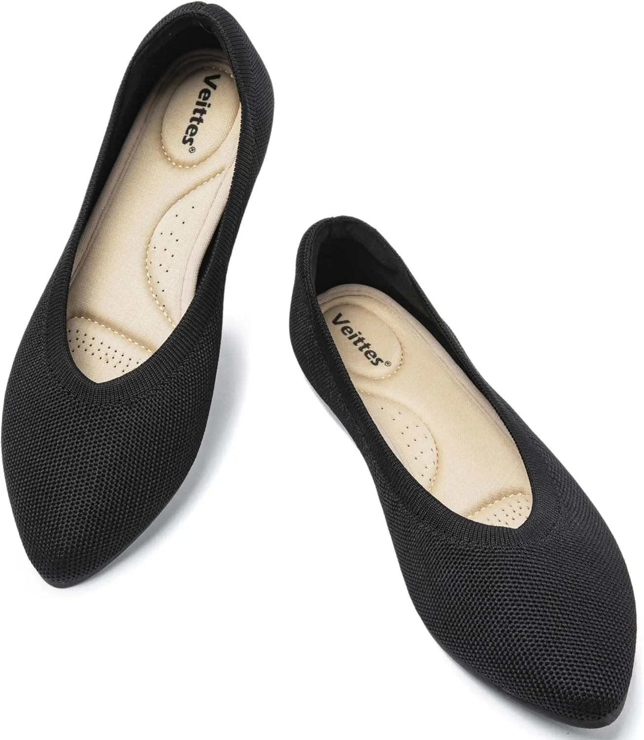 Veittes Women's Wide Width Flats Shoes, Comfortable Breathable Soft Ladies Slip on Knitted Ballet Shoes.