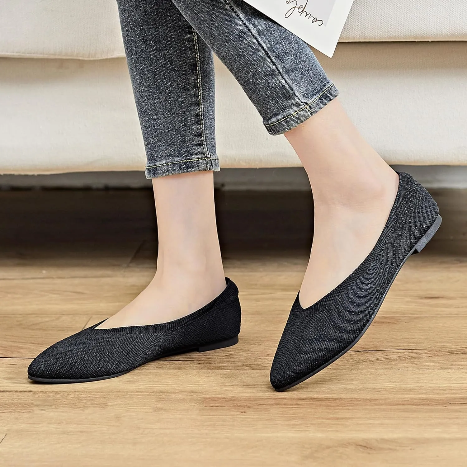 Veittes Women's Wide Width Flats Shoes, Comfortable Breathable Soft Ladies Slip on Knitted Ballet Shoes.