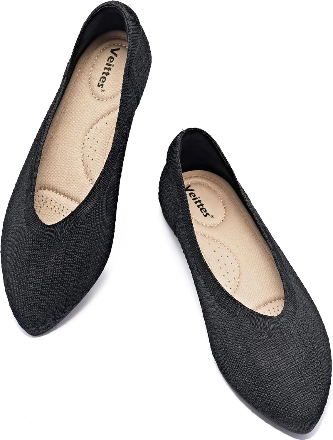 Veittes Women's Wide Width Flats Shoes, Comfortable Breathable Soft Ladies Slip on Knitted Ballet Shoes.