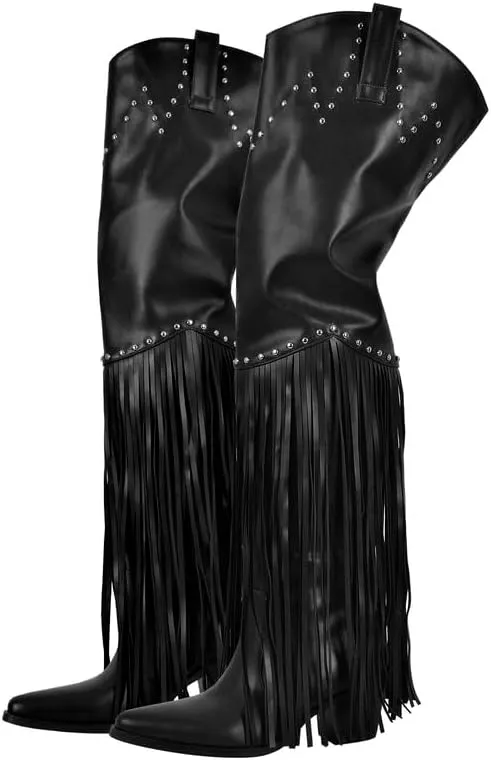 VERISSON Point Toe Zip up Block Heeled Over the Knee Boots side Zippers Studded Rivets Tassel Booties
