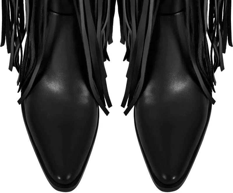 VERISSON Point Toe Zip up Block Heeled Over the Knee Boots side Zippers Studded Rivets Tassel Booties