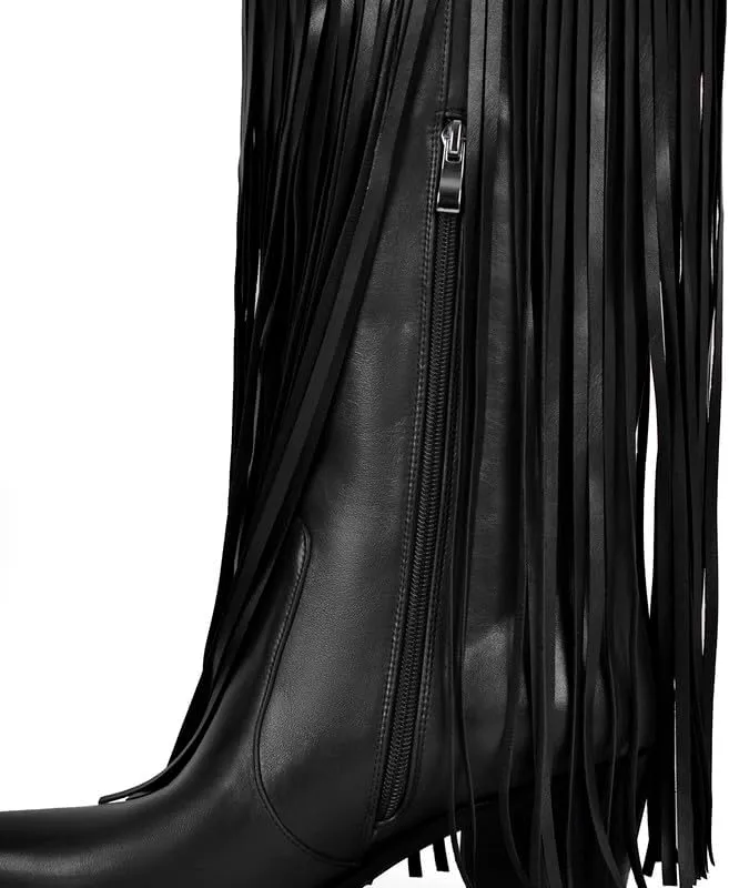 VERISSON Point Toe Zip up Block Heeled Over the Knee Boots side Zippers Studded Rivets Tassel Booties