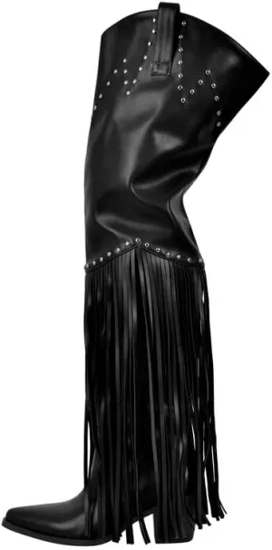 VERISSON Point Toe Zip up Block Heeled Over the Knee Boots side Zippers Studded Rivets Tassel Booties