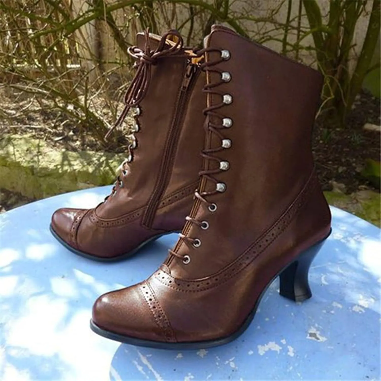 Victorian Boots for Women Western Lace Up Granny Boots with Zipper Wedding Bridal Boots Comfy Mid Heel Dance Shoes