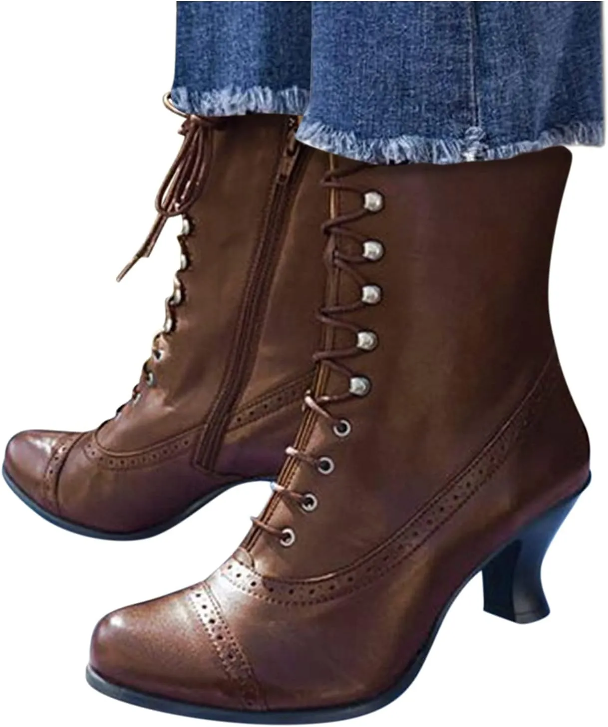Victorian Boots for Women Western Lace Up Granny Boots with Zipper Wedding Bridal Boots Comfy Mid Heel Dance Shoes