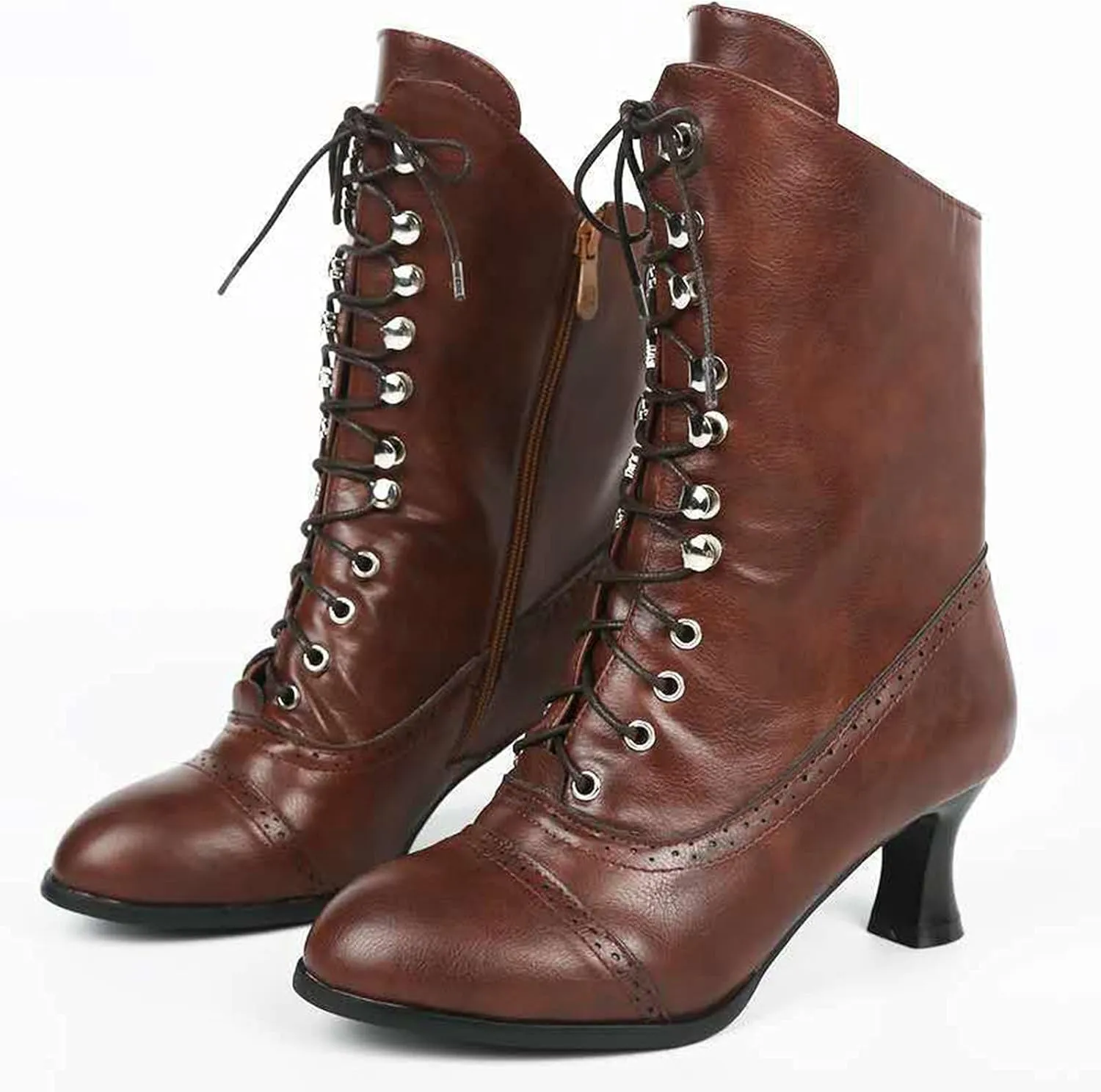 Victorian Boots for Women Western Lace Up Granny Boots with Zipper Wedding Bridal Boots Comfy Mid Heel Dance Shoes
