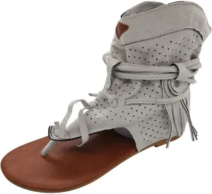 Vintage Flip Flops for Women Bohemian Tassel Clip Toe Straps Lace up Flat Sandals Summer Comfortable Casual Breathable Roman Beach Shoes Boots