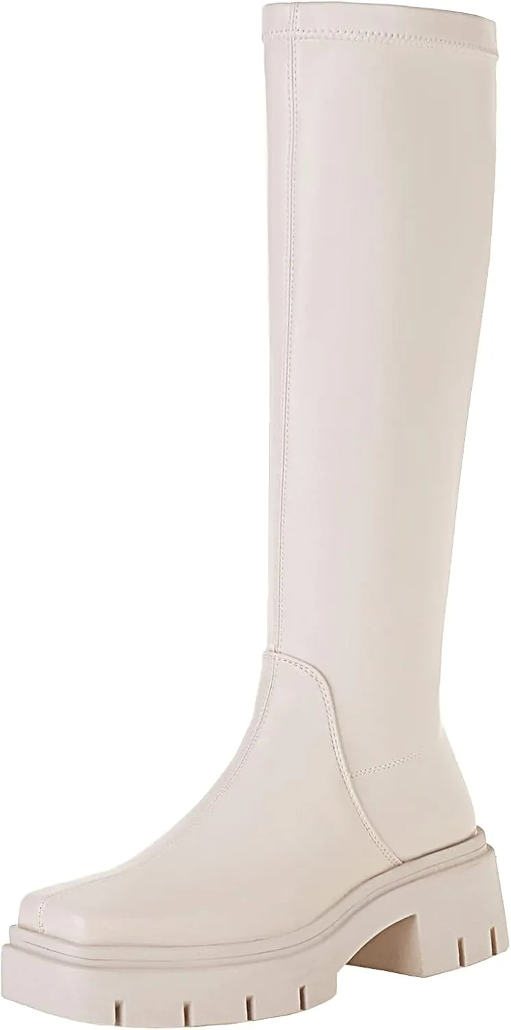 vivianly Women's Chunky Heel Knee high Boots Zipper Square Toe Platform Booties