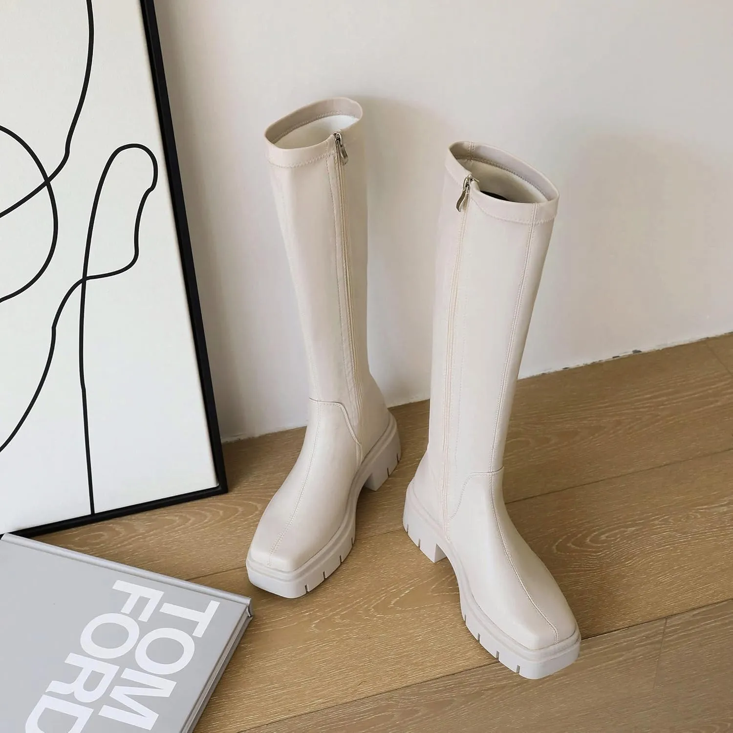 vivianly Women's Chunky Heel Knee high Boots Zipper Square Toe Platform Booties