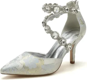 Wedding Shoes for Bride Closed Toe Womens Pointed Toe Bridal Shoes Ankle Strap Stiletto Pumps Floral Satin Evening Dress Sandals Elegant,Silver,4