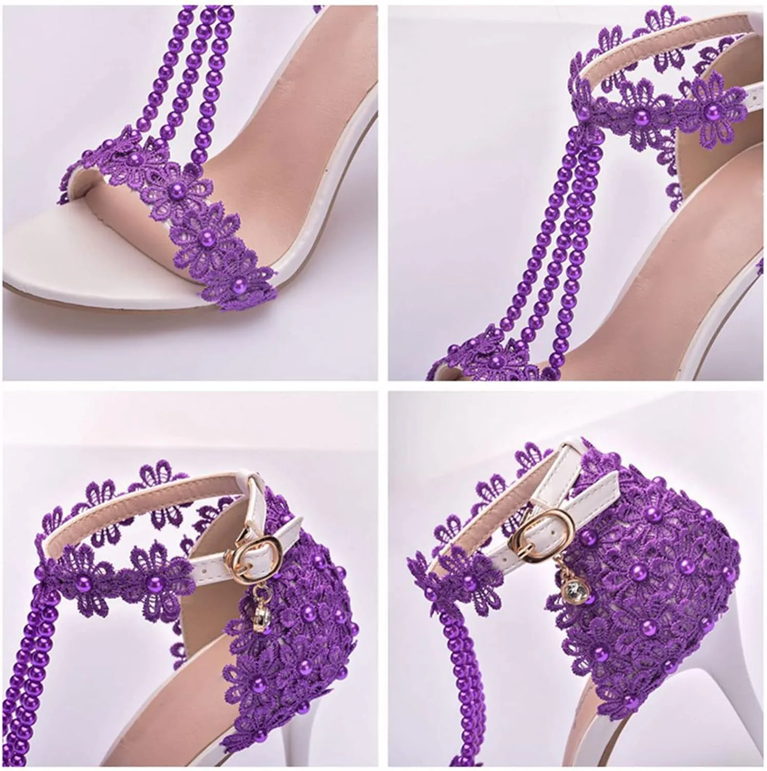 Wedding Shoes Sandals 9Cm Ladies High Heels Bridesmaid Shoes Wedding One Word Buckle Straps Lace Beaded Stiletto Fish Mouth Roman Sandals