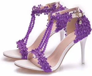 Wedding Shoes Sandals 9Cm Ladies High Heels Bridesmaid Shoes Wedding One Word Buckle Straps Lace Beaded Stiletto Fish Mouth Roman Sandals