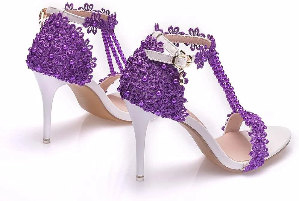 Wedding Shoes Sandals 9Cm Ladies High Heels Bridesmaid Shoes Wedding One Word Buckle Straps Lace Beaded Stiletto Fish Mouth Roman Sandals